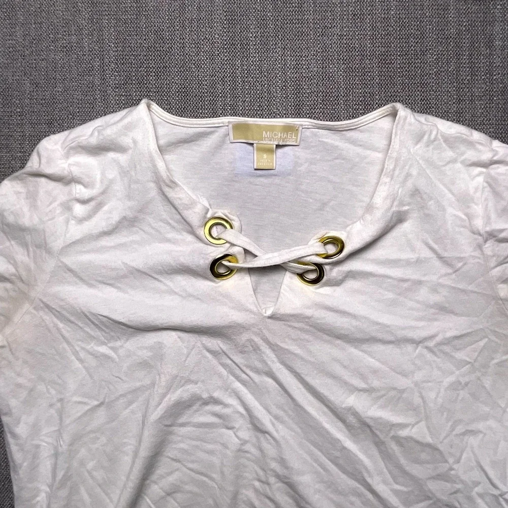 Michael Kors Womens White Lace Up Split Neck T Shirt Side Slit Round Hem Small